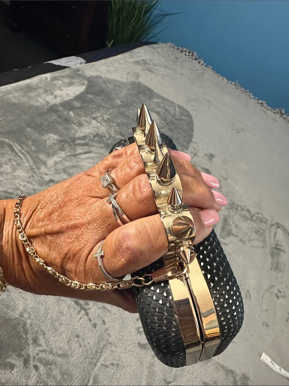 EUC Just Fabulous Studded Knuckle-Handle Black Clutch Bag w/Gold Chain